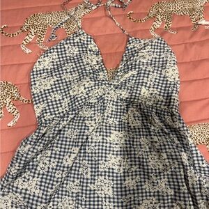 Blue and White Gingham Floral Halter Tank like new condition